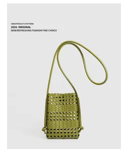Green woven leather phone bag, minimalist casual crossbody bag for summer chic style.