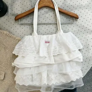 Korean style solid color ruffled lace fabric shoulder tote bag casual cloud handbag