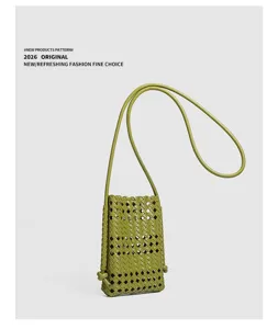 Summer new soft leather woven crossbody phone bag minimalist fashion casual retro chic mini bag