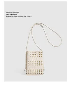 Chic woven leather cutout crossbody phone bag, minimalist summer small shoulder bag.