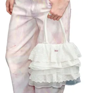 Korean style solid color ruffled canvas shoulder tote bag, multi-layer tiered cloud bag.