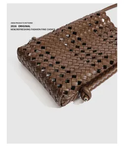 Brown woven leather phone bag detail, soft minimal crossbody design with stylish cutout texture.