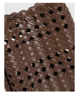 Brown woven leather phone bag detail, chic cutout design, soft material for daily fashion.