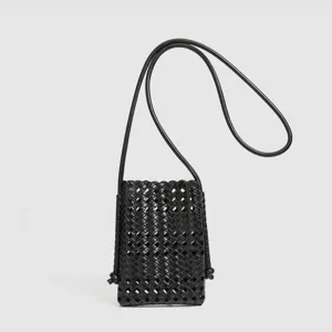 Black woven leather crossbody phone bag, stylish mini shoulder bag for daily use.