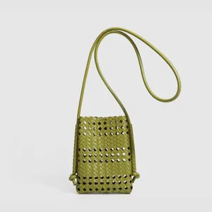 Green woven leather crossbody phone bag, stylish hollow design casual shoulder bag.