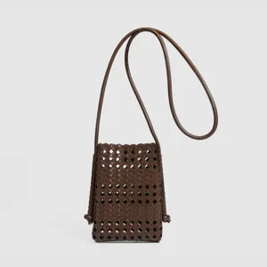 Dark brown woven leather crossbody phone bag, casual minimalist hollow out small shoulder bag.