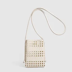 Chic white woven leather crossbody phone bag, minimalist lattice design for casual daily wear.