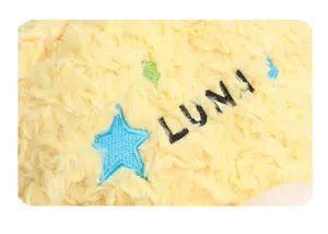Gros plan détail du sac ours en peluche mignon avec étoiles et lettre LUNA.