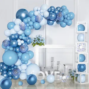 Blue balloon arch kit for birthday party decorations, premium latex balloons with confetti boxes.