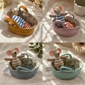 Miniature sleeping basket with cute plush mouse doll, perfect fit for 10cm animal fabric toys.