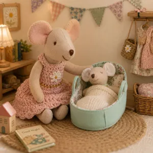 Miniature dollhouse bassinet cradle with cute plush mouse family toys for pretend play decoration.