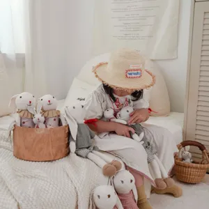 Linen cotton floppy ear rabbit plush doll detail, soft stuffed animal toy for kids birthday gift.