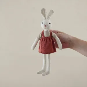 Linen plush rabbit doll with dress, cute cotton stuffed animal toy, soft nursery companion.