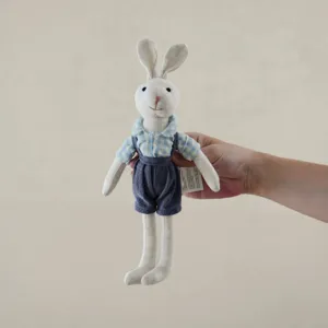 Linen lop-eared rabbit plush toy detail, cute stuffed animal with removable clothing for kids.