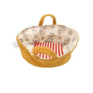 Mini yellow fabric cradle sleeping basket for 10cm plush dolls, floral lining and striped pad.