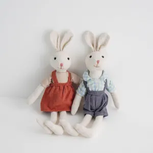 Adorable cotton linen lop-eared rabbit plush doll with changeable clothes, soothing toy.