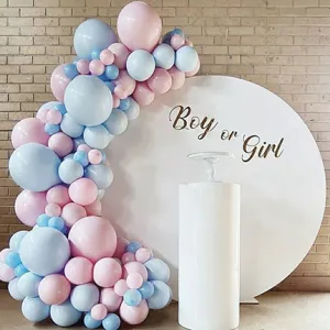 Gender reveal balloon arch kit featuring a white round backdrop and display pedestal.