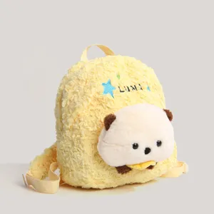 Mignon sac à dos en peluche jaune avec adorable poupée animale 3D et broderie d'étoiles pour usage.
