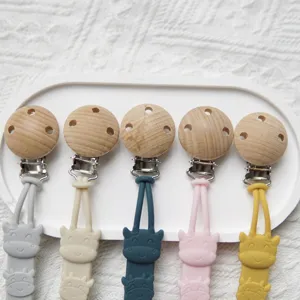Silicone wooden pacifier clip baby anti-loss chain cute cartoon animal design 5 colors set