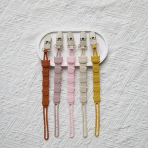 Silicone pacifier clip detail showing cute cartoon animal design, soft texture, safe baby accessory.
