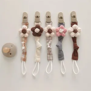 Handmade Knitted Floral Pacifier Chain Fabric Anti-Drop Soother Holder Strap Infant Teething Toy Gift