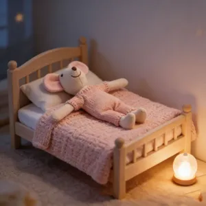 Miniature cotton linen mouse doll in cozy wooden bed scene, perfect dollhouse decor detail.
