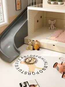 Round kids room rug with cute cartoon lion and alphabet print, soft cashmere-like bedside mat.