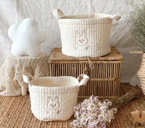 Korean style quilted storage basket with cute animal embroidery, fabric toy organizer bin.