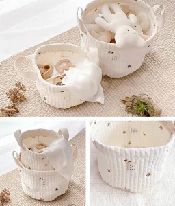 Korean style quilted cotton storage basket with cute bear embroidery for home nursery toys.
