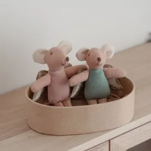 Detailed view of 10cm cute angel wing plush mouse dolls in a round box for dollhouse play.
