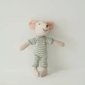 Cute cotton linen mouse plush toy with striped knit onesie, soft soothing doll for kids room decor.
