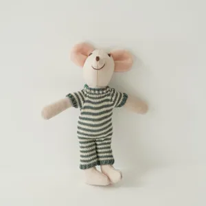 Linen mouse plush toy with knit striped romper, cute comfort doll for kids room decor.