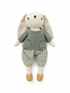 Handmade cotton linen plush bunny doll detail, soft newborn soothing toy with cute outfit.