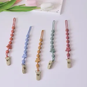 Silikon Baby Schnuller Clip Beissring Kette Set, bunte Schnullerhalter Detail Ansicht.