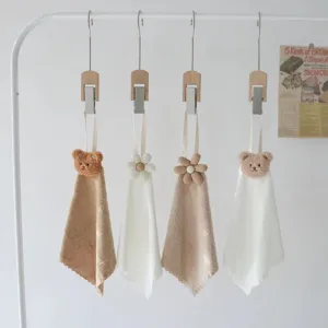 Cute cartoon bear and flower hanging hand towel detail, absorbent quick-drying kitchen towel.