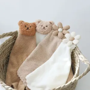 Cute bear and flower hanging hand towel detail view, absorbent coral fleece fabric for kitchen.