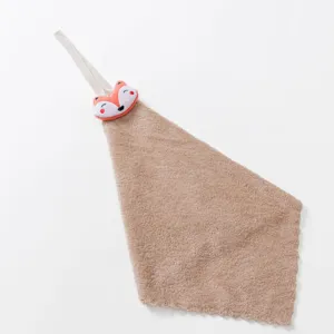 Hanging hand towel with cute plush animal decor, absorbent coral fleece for kitchen and bathroom.