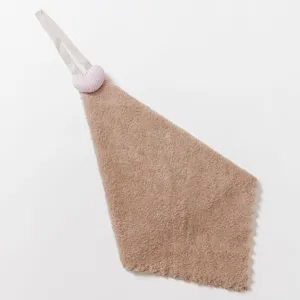 Hanging hand towel with cute heart decor, quick-drying absorbent coral fleece for kitchen or bathroom use.