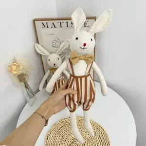 Nordic cotton linen lop-eared rabbit plush doll, stuffed animal toy with cute overalls.