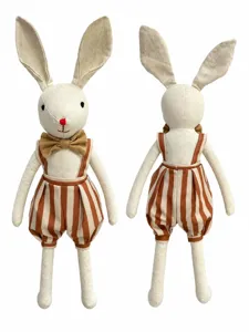 Nordic style cotton linen lop eared rabbit plush toy with cute striped overalls for kids.
