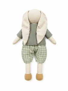 Details of linen bunny plush toy back view, cute long-eared stuffed doll in green clothes.
