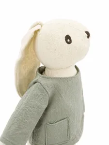Close-up detail view of the cute linen floppy ear rabbit plush doll with green top.