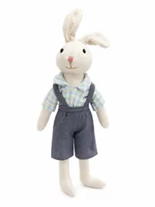 Cute cotton linen floppy ear rabbit plush toy with stylish checkered shirt and cute overalls.
