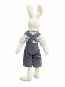 Detail view of the Nordic style linen fabric rabbit doll back showing outfit details.