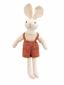 Close-up of Nordic linen plush rabbit toy featuring soft fabric and cute removable outfit.