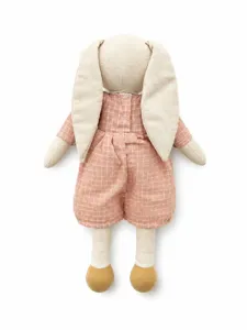 Detailed back view of the linen floppy ear rabbit plush doll, showing cute plaid outfit.