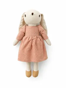 Close-up details of the cute linen floppy ear rabbit doll wearing a sweet pink plaid dress.