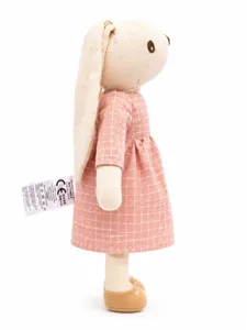 Nordic style linen rabbit doll side detail view, cute cotton plush toy in pink plaid dress.