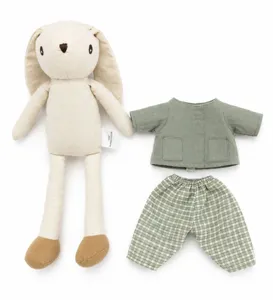 Detailed showcase of Scandinavian style linen rabbit plush doll and matching green clothes set.