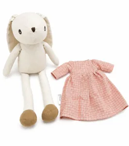Nordic style cotton linen floppy ear rabbit doll with plaid dress, cute soothing gift.